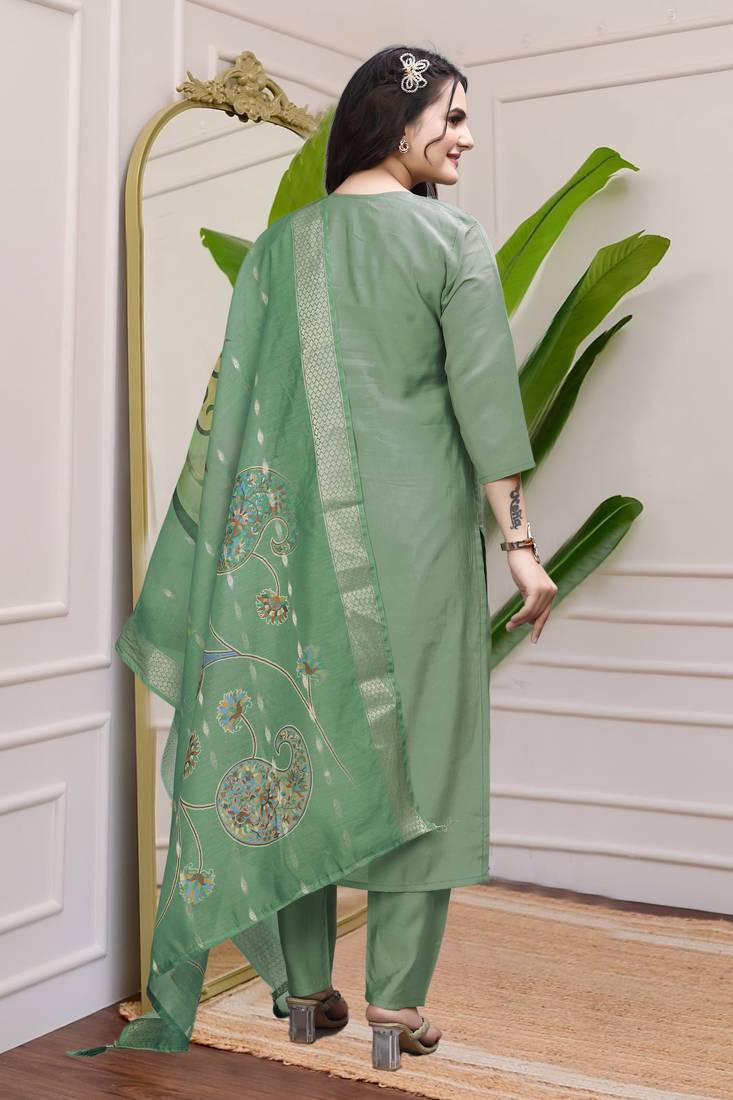 Leaf Green Premium Roman Silk Khatli Work A Line Kurta Set