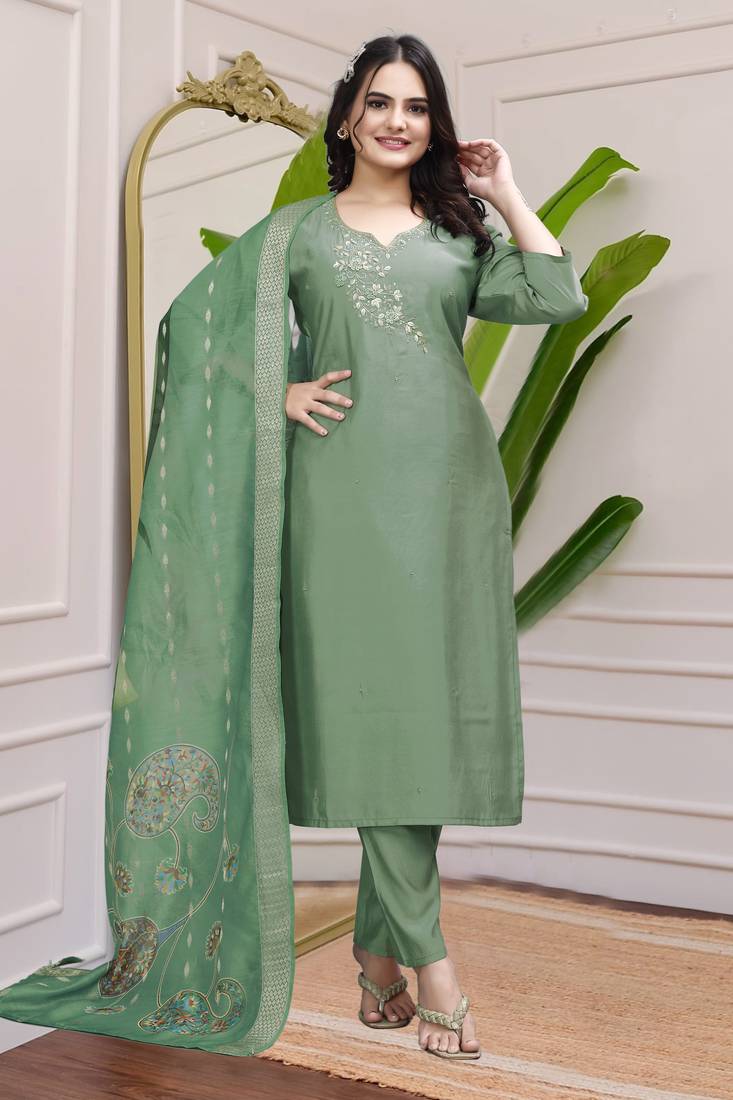 Leaf Green Premium Roman Silk Khatli Work A Line Kurta Set
