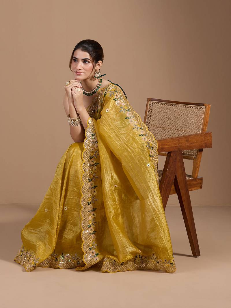 Pure Gold Crush Saree with Embroidery and 3mm Sequins work