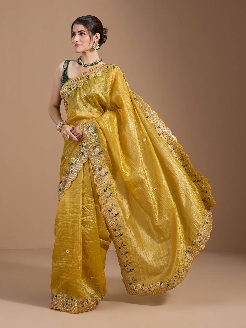 Pure Gold Crush Saree with Embroidery and 3mm Sequins work