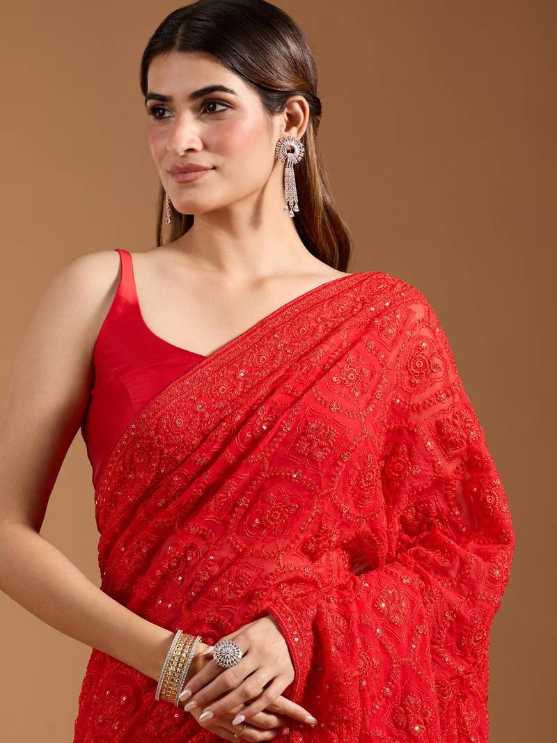 red Georgette Saree with Heavy Chikankari Work