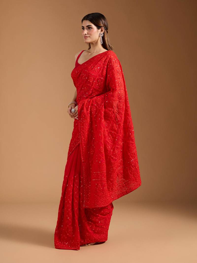 red Georgette Saree with Heavy Chikankari Work