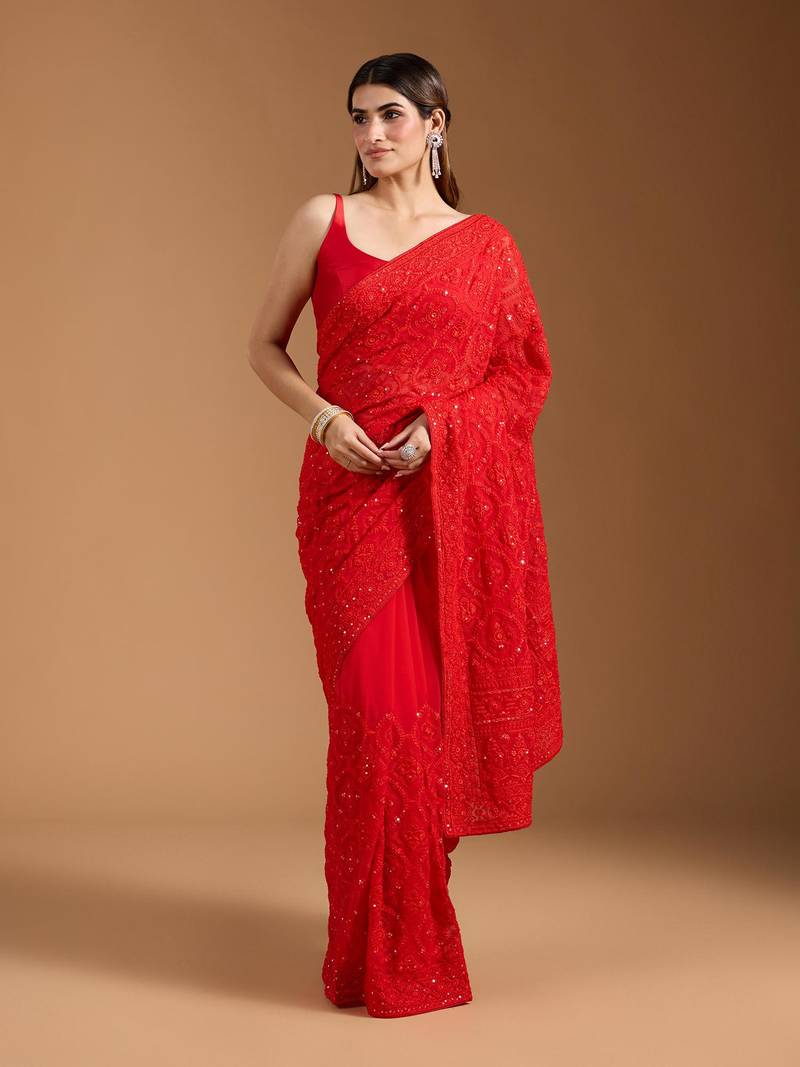 red Georgette Saree with Heavy Chikankari Work