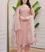 Peach Colour Premium Roman Silk Khatli Work A Line Kurta Set 