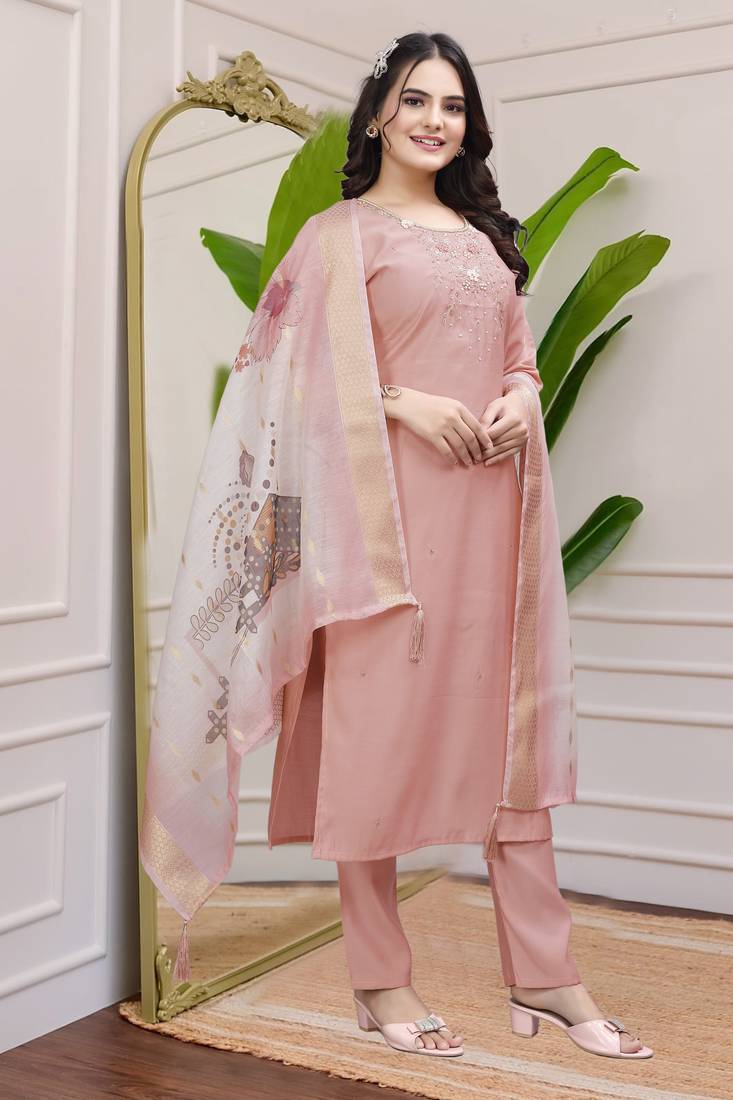 Peach Colour Premium Roman Silk Khatli Work A Line Kurta Set 
