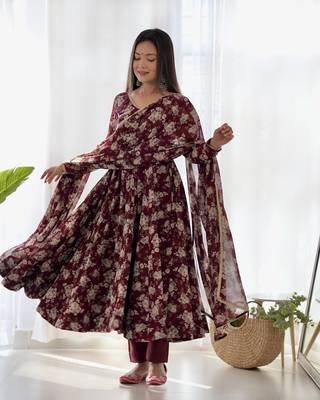 Georgette Multi Floral Print Fabric With Fully Flair Kurti, With Pant And Dupatta 1