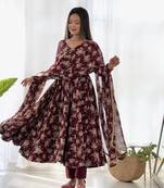 Georgette Multi Floral Print Fabric With Fully Flair Kurti, With Pant And Dupatta