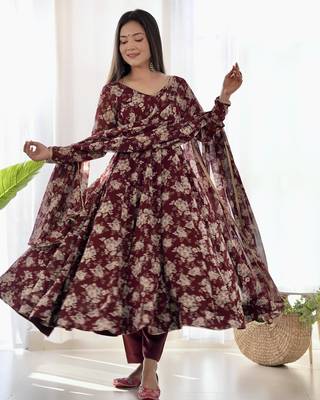 Georgette Multi Floral Print Fabric With Fully Flair Kurti, With Pant And Dupatta 3