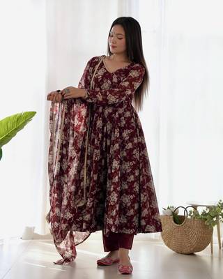 Georgette Multi Floral Print Fabric With Fully Flair Kurti, With Pant And Dupatta 4