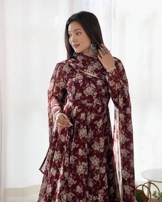 Georgette Multi Floral Print Fabric With Fully Flair Kurti, With Pant And Dupatta 5