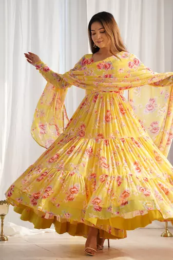 Fox Georgette Floral Print Fabric Fully Flair Anarkali Kurti, With Duppta And Pent
