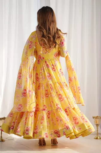 Fox Georgette Floral Print Fabric Fully Flair Anarkali Kurti, With Duppta And Pent