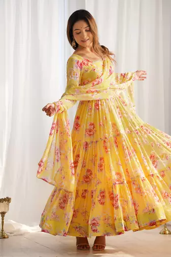 Fox Georgette Floral Print Fabric Fully Flair Anarkali Kurti, With Duppta And Pent