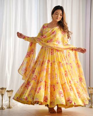 Fox Georgette Floral Print Fabric Fully Flair Anarkali Kurti, With Duppta And Pent 5