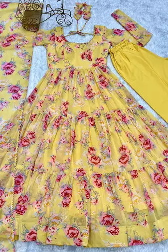 Fox Georgette Floral Print Fabric Fully Flair Anarkali Kurti, With Duppta And Pent