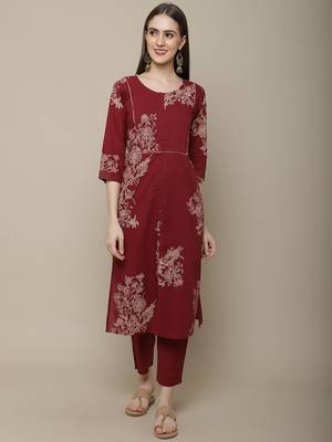 Maroon printed cotton round neck kurta sets 1