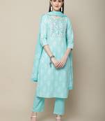 Blue embroidered cotton round neck kurta sets