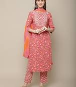 Pink embroidered cotton round neck kurta sets