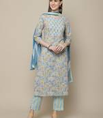 Blue printed cotton round neck kurta sets