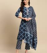 Blue printed cotton round neck kurta sets