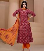 Maroon printed cotton v neck kurta sets