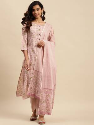 Light beige embroidered cotton round neck kurta sets 1