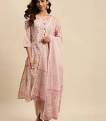 Light beige embroidered cotton round neck kurta sets