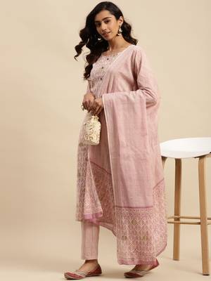 Light beige embroidered cotton round neck kurta sets 2