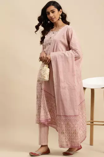 Light beige embroidered cotton round neck kurta sets