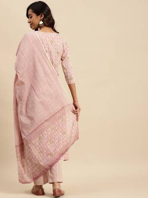 Light beige embroidered cotton round neck kurta sets 3