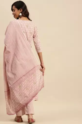 Light beige embroidered cotton round neck kurta sets