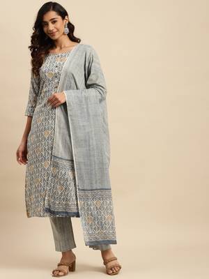 Grey embroidered cotton round neck kurta sets 1