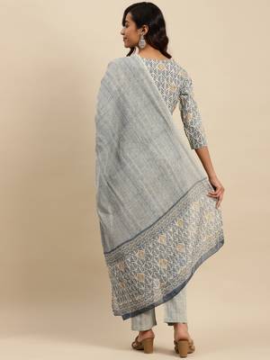 Grey embroidered cotton round neck kurta sets 2