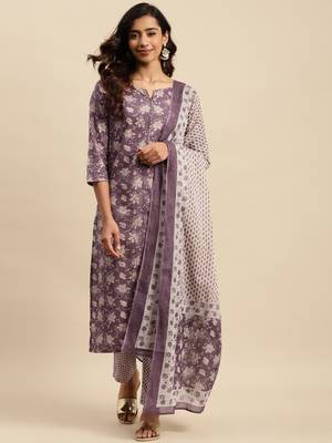 Light maroon printed cotton round neck kurta sets 1