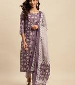 Light maroon printed cotton round neck kurta sets