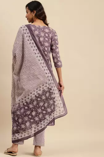 Light maroon printed cotton round neck kurta sets