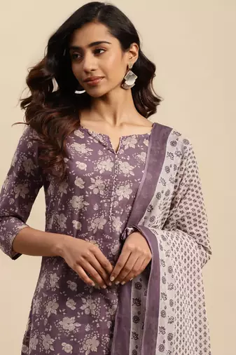 Light maroon printed cotton round neck kurta sets