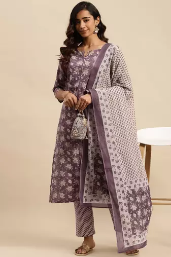 Light maroon printed cotton round neck kurta sets