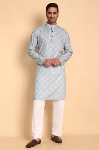 Lanes net ikat digital print knee length kurta mandarin collar mandarin collar grey small