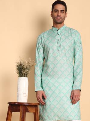 Palmette digital print knee length kurta mandarin collar mandarin collar blue small 1