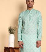 Palmette digital print knee length kurta mandarin collar mandarin collar blue small