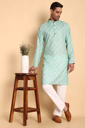 Palmette digital print knee length kurta mandarin collar mandarin collar blue small