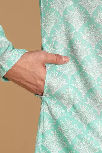Palmette digital print knee length kurta mandarin collar mandarin collar blue small