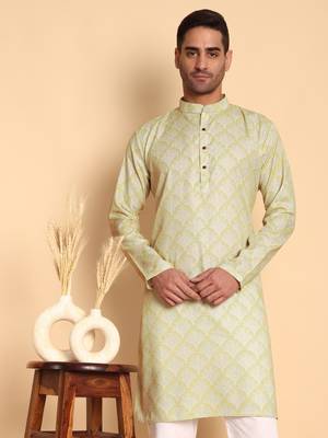 Palmette digital print knee length kurta mandarin collar mandarin collar green small 1
