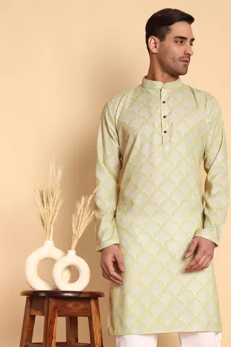 Palmette digital print knee length kurta mandarin collar mandarin collar green small