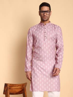 Pink Botanical damask digital print knee length kurta mandarin collar mandarin collar peach small for Men 1