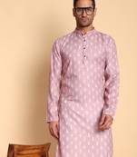 Pink Botanical damask digital print knee length kurta mandarin collar mandarin collar peach small for Men