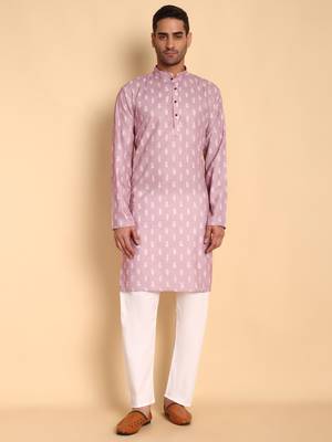 Pink Botanical damask digital print knee length kurta mandarin collar mandarin collar peach small for Men 2