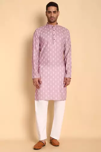 Pink Botanical damask digital print knee length kurta mandarin collar mandarin collar peach small for Men