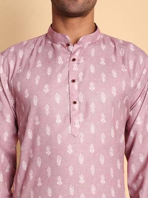 Pink Botanical damask digital print knee length kurta mandarin collar mandarin collar peach small for Men 3